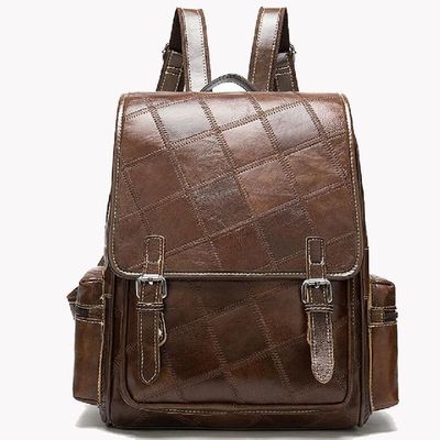 Plaid First Layer Cowhide Lady'S Clamshell Backpack